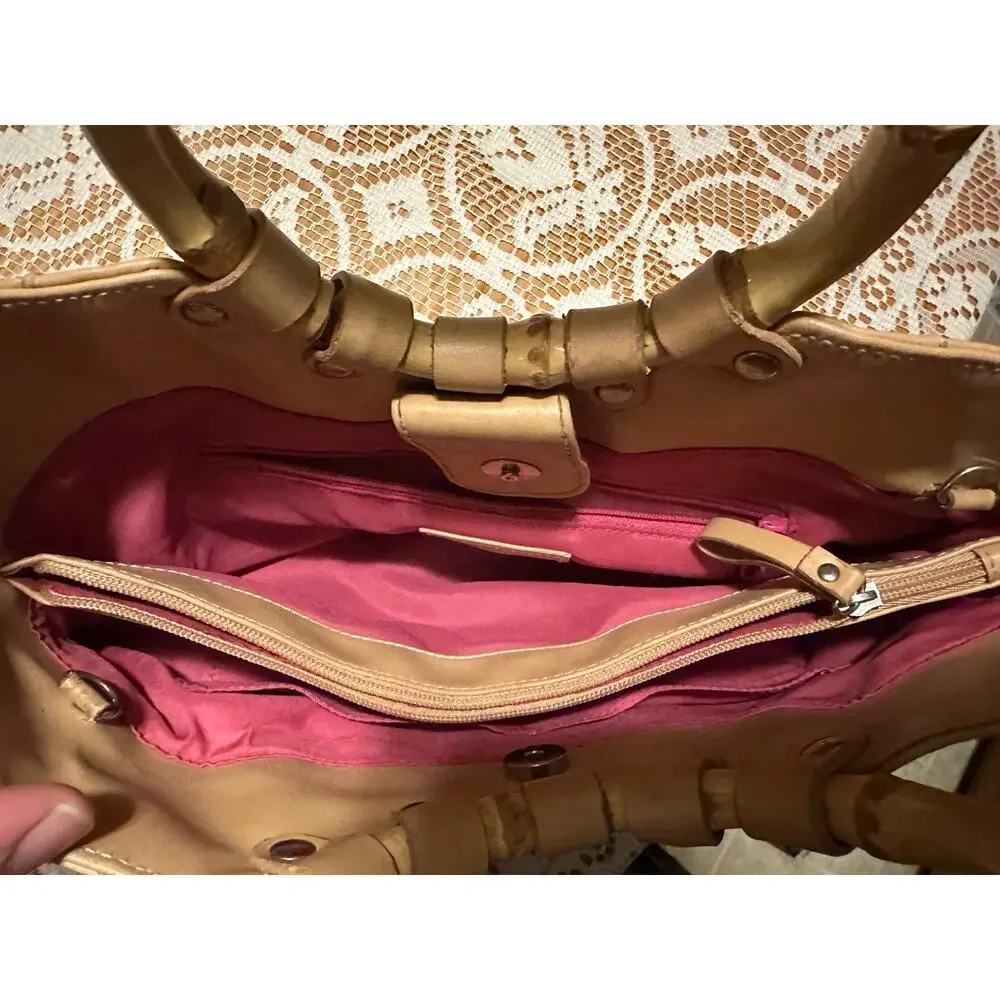 Vintage Y2K Bamboo Handle Tote Bag Pink Canvas Jute Straw Trim Summer Resort